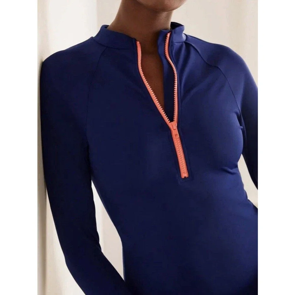 Boden Women’s Half Zip Up Rash Guard Vest Top Blue Size 4 Swim Surf Long sleeves - Picture 2 of 8